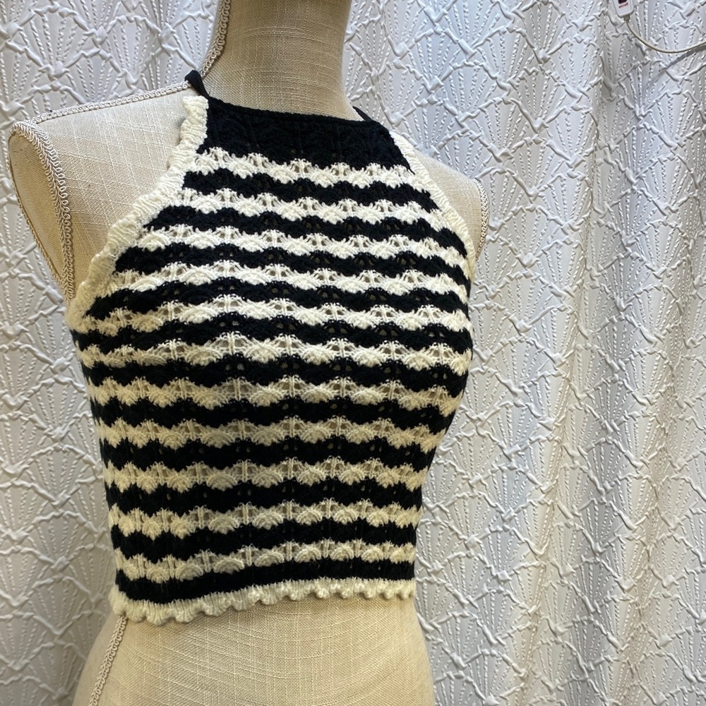 NWT Rebellion Again size XS Crocheted Black and White Striped Women's halter Top - Picture 1 of 14